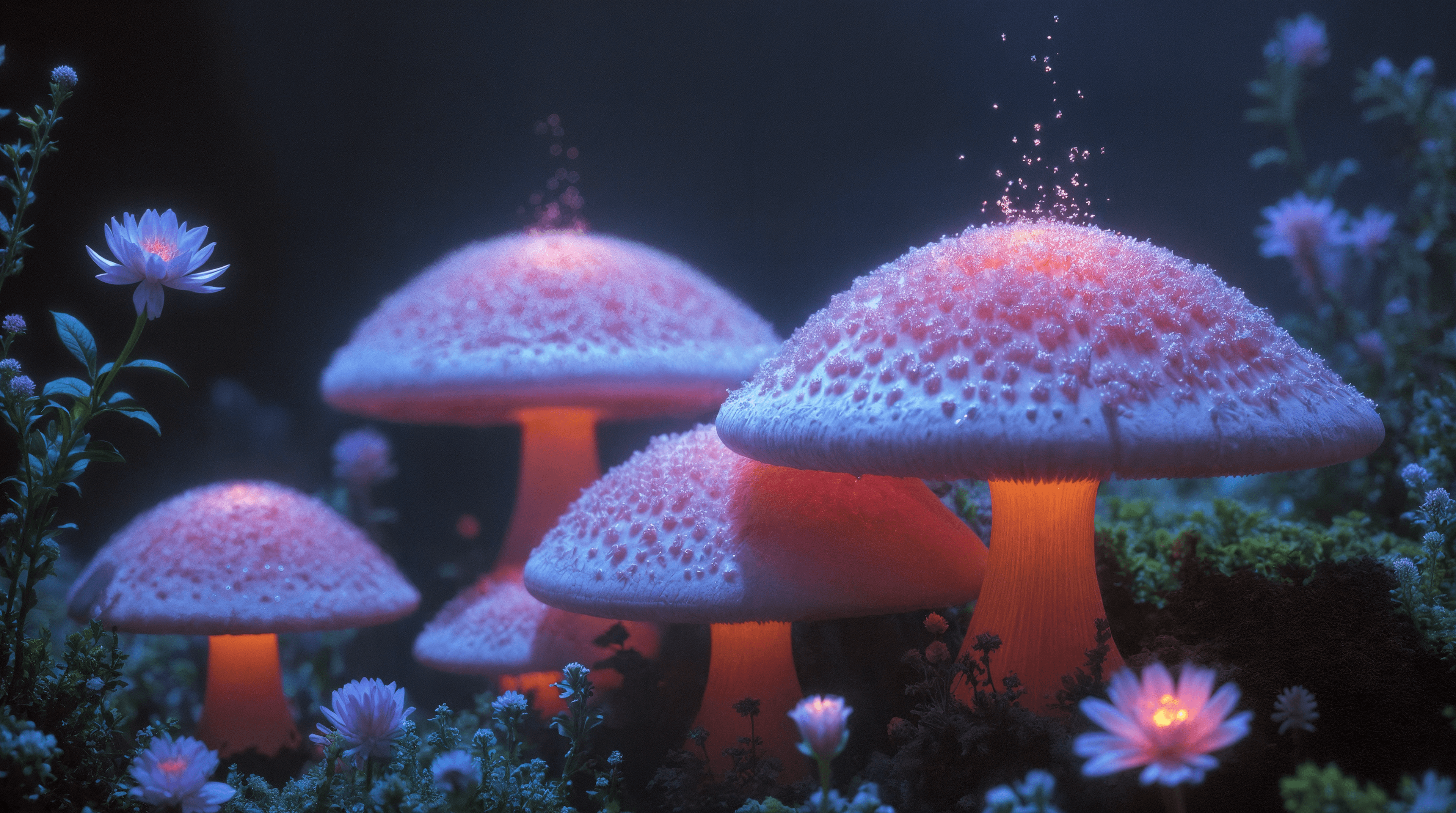Macro photography of Glowing pink mushrooms in a magical forest at night, bioluminescent light shining from their stems, fantasy style.
